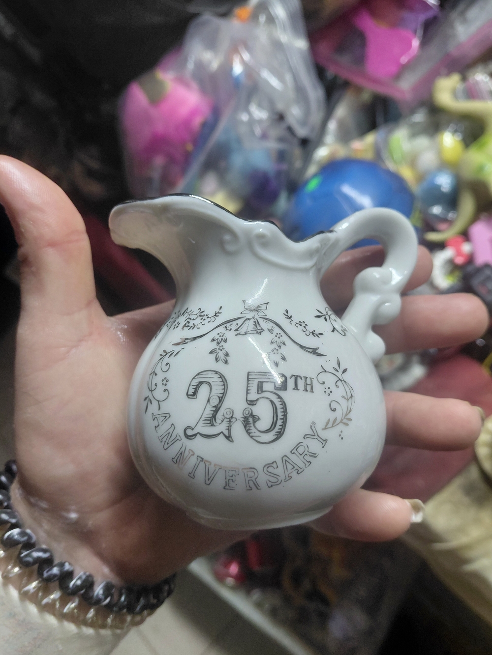 vintage white lefton china  porcelain 25th anniversary small pitcher or creamer